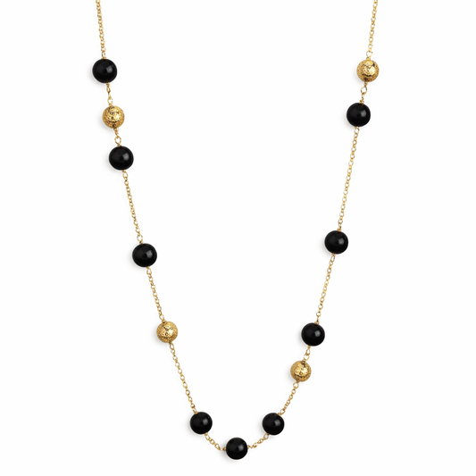 14k Black Onyx Gold Glitter Ball Station Link Necklace