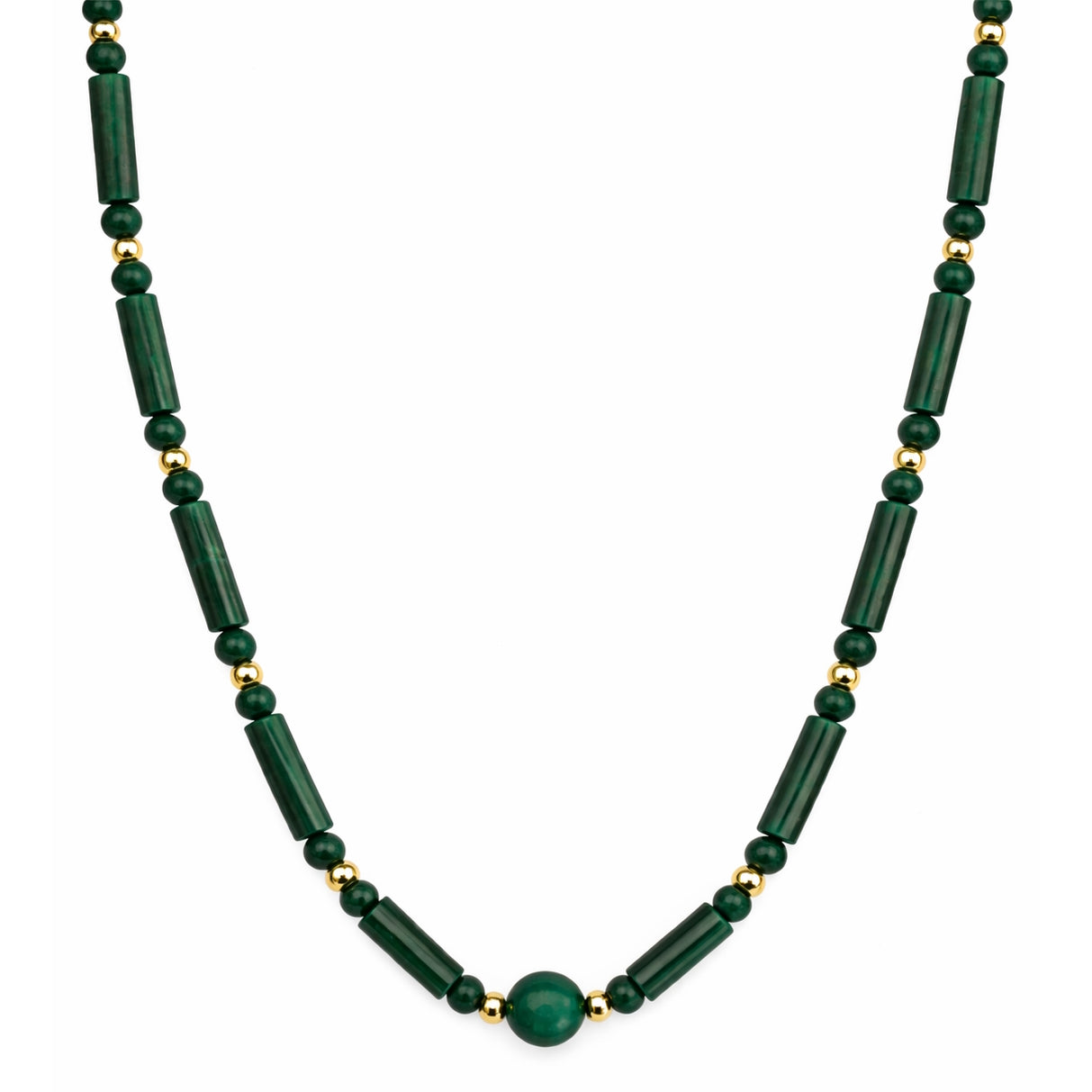 14k Malachite Round & Tube Gold Ball Necklace