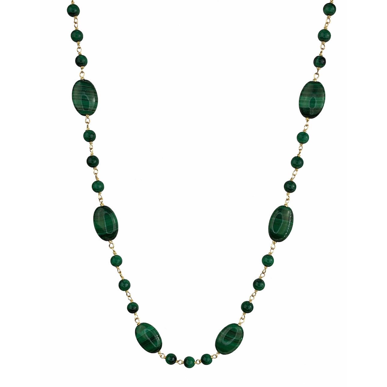 14k Malachite Round Flat Oval Link Necklace