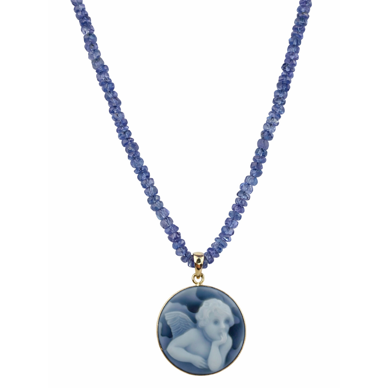 14k Tanzanite with Angel Cameo Round Pendant Necklace