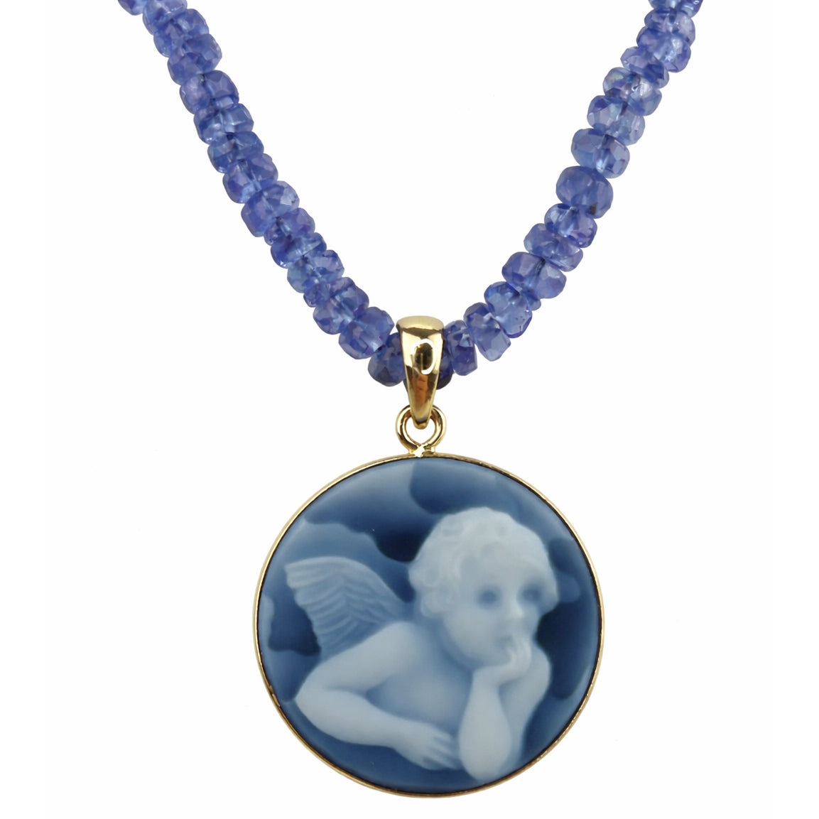 14k Tanzanite with Angel Cameo Round Pendant Necklace