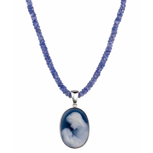 14k White Gold Tanzanite with Mother Child Cameo Oval Pendant Necklace