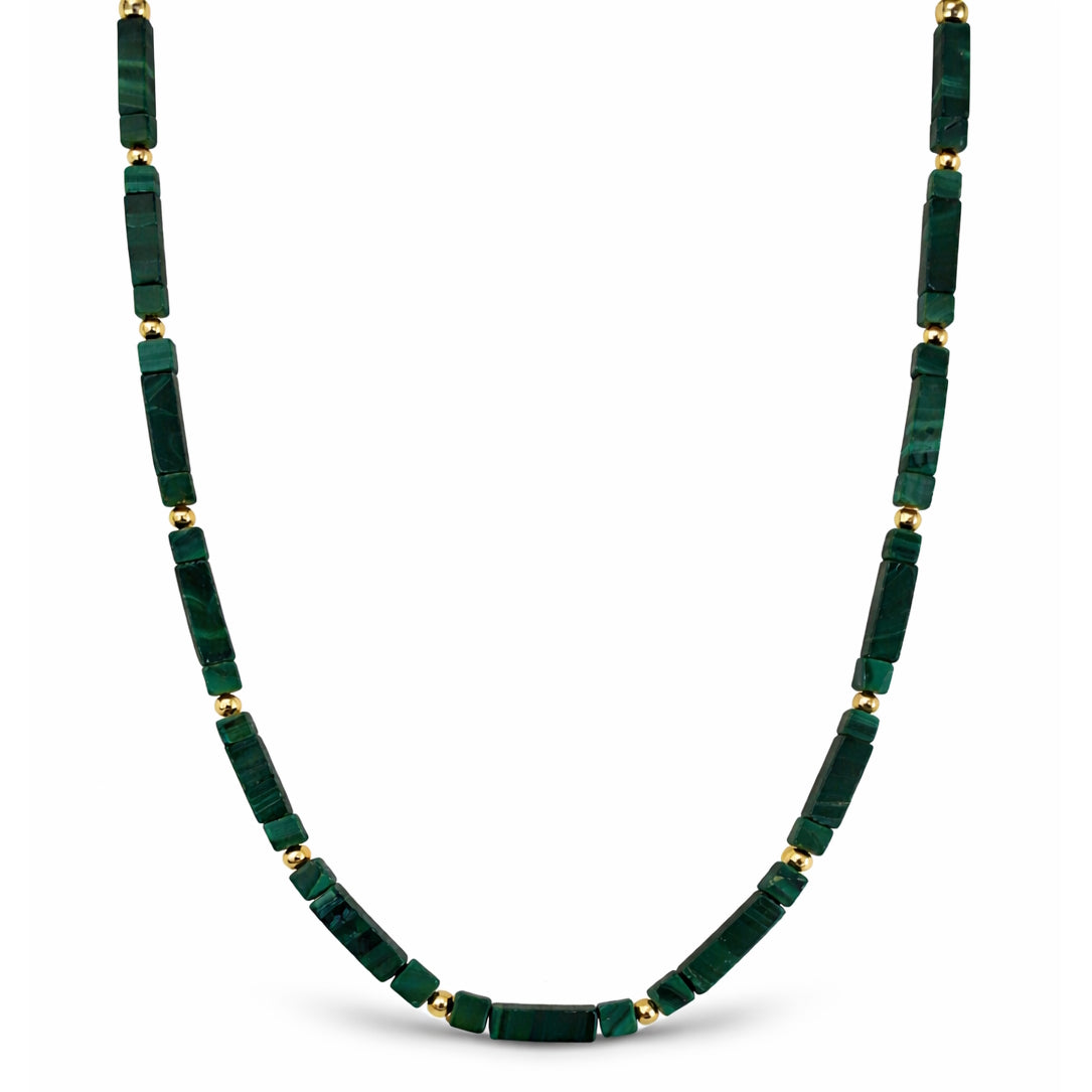14k Malachite Cube Rectangle Gold Ball Necklace