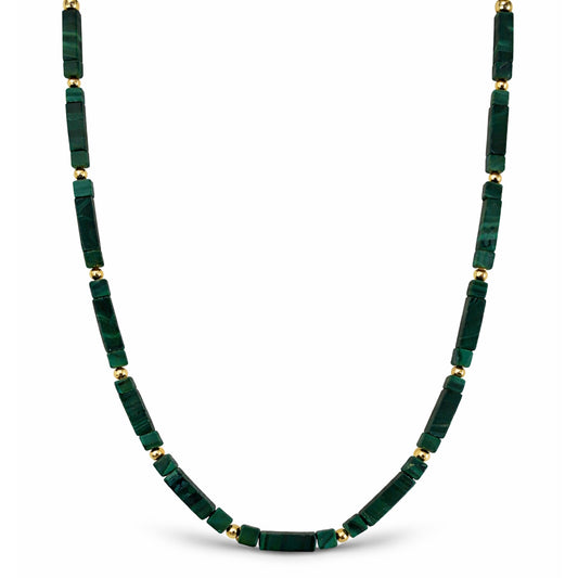 14k Malachite Cube Rectangle Gold Ball Necklace