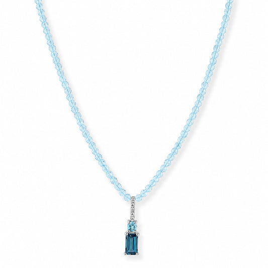 14k White Gold Blue Topaz with London & Swiss Blue Topaz Diamond Pendant Necklace