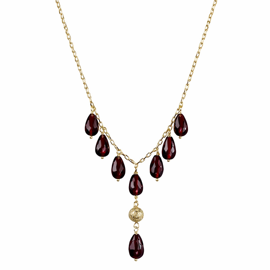 14k Red Coral, White Pearl, Garnet, Black Onyx or Malachite Gold Ball Drop Necklace