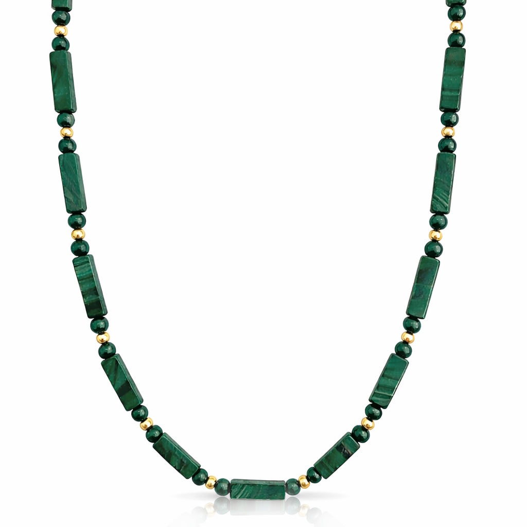 14k Malachite Round Rectangle Gold Ball Necklace