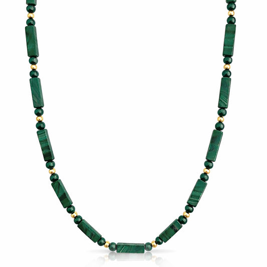 14k Malachite Round Rectangle Gold Ball Necklace