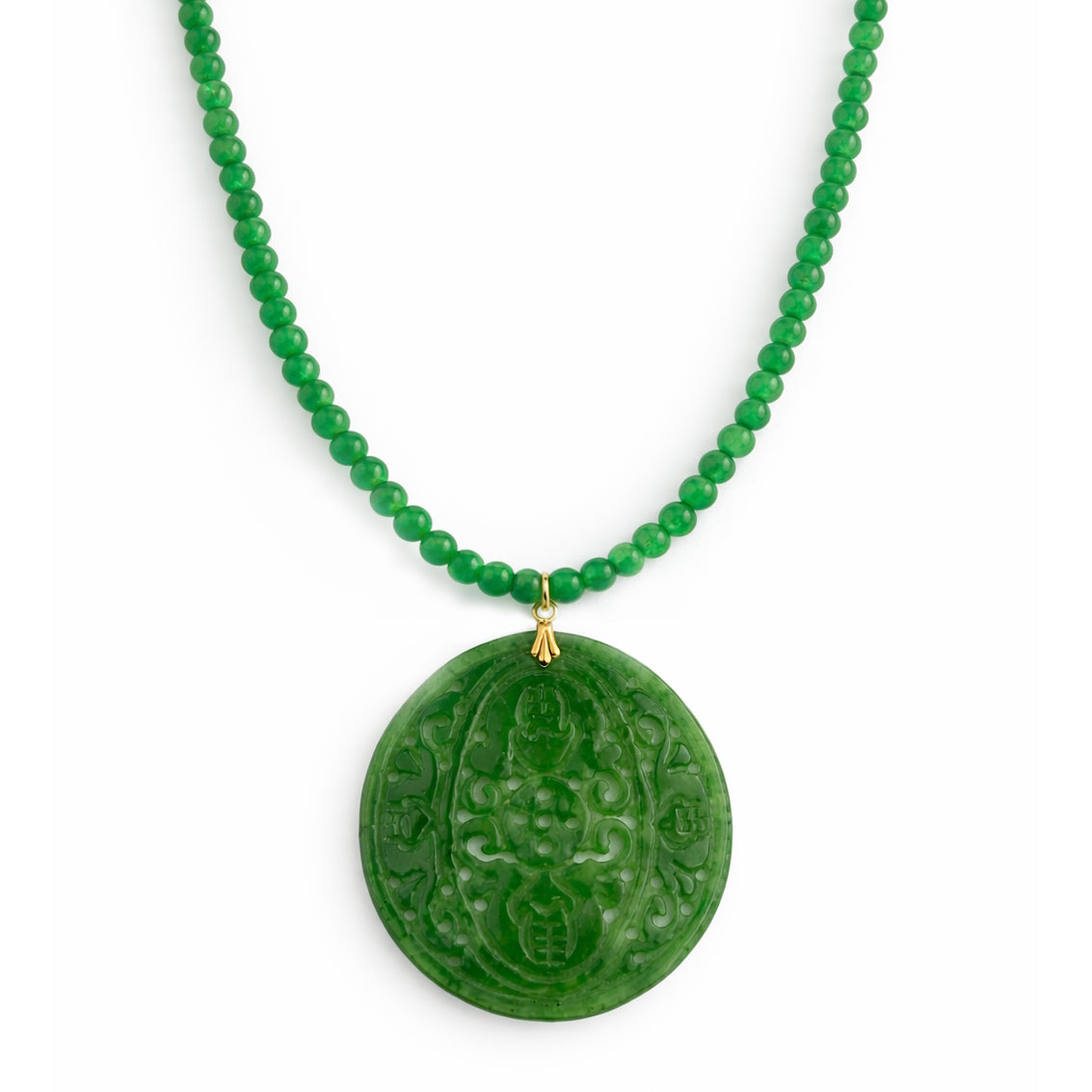14k Green Jade with Carved Round Pendant Necklace