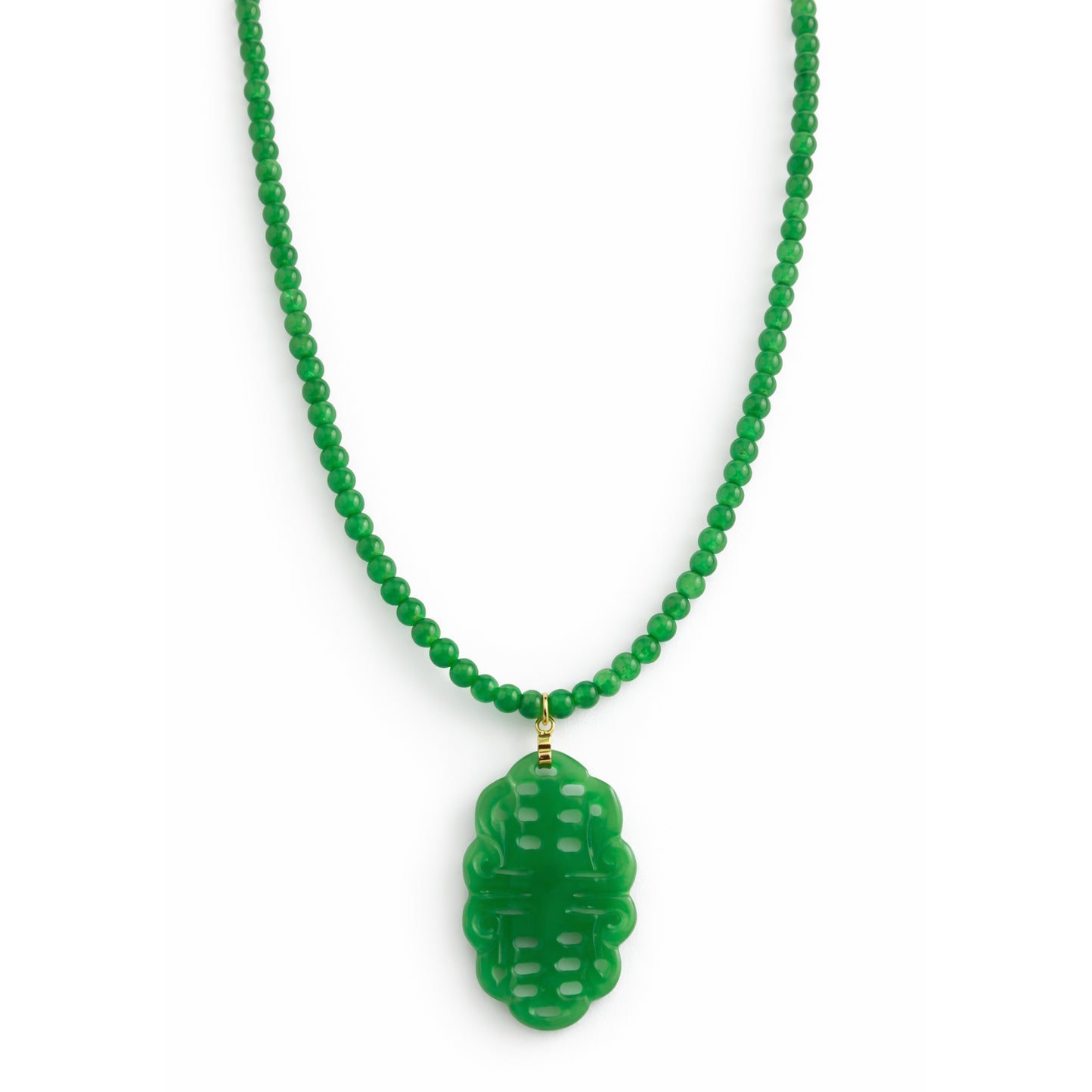 14k Green Jade with Long Life Scallop Oval Pendant Necklace