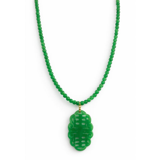 14k Green Jade with Long Life Scallop Oval Pendant Necklace