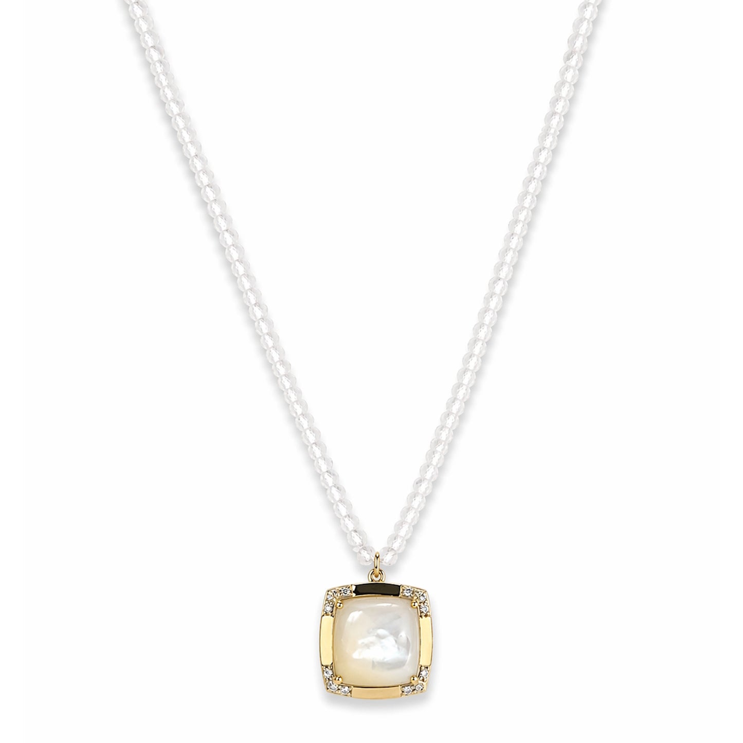 14k White Topaz & Mother of Pearl Fancy Cushion Pendant Necklace