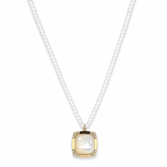 14k White Topaz & Mother of Pearl Fancy Cushion Pendant Necklace
