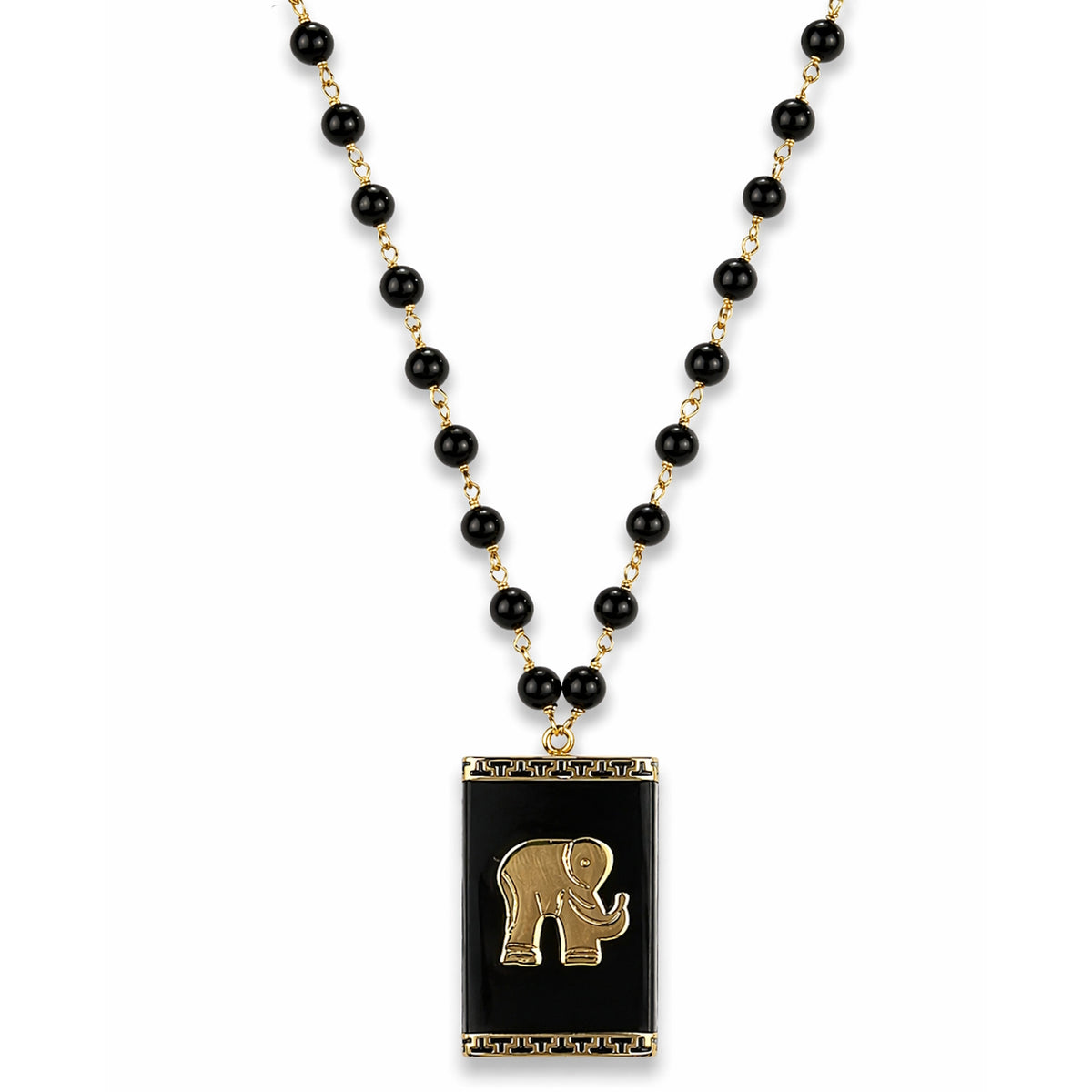 14k Black Onyx Link with Elephant Rectangle Pendant Necklace