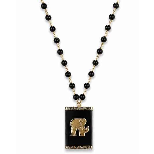 14k Black Onyx Link with Elephant Rectangle Pendant Necklace