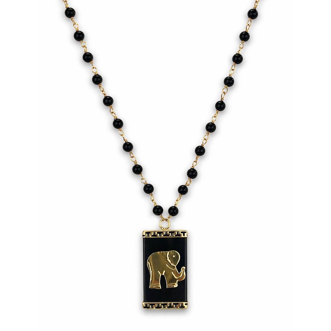 14k Black Onyx Link with Elephant Rectangle Pendant Necklace