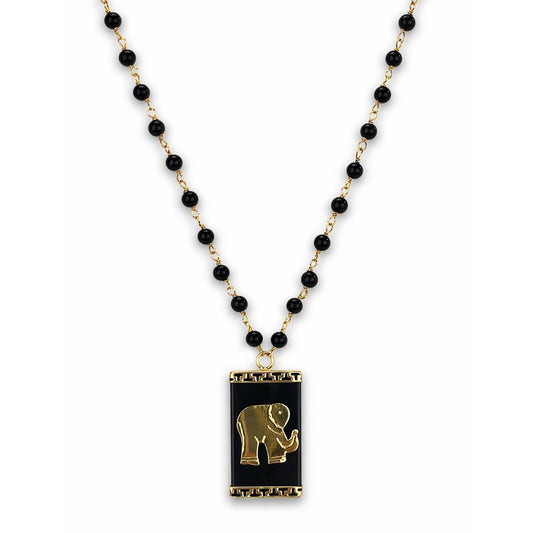 14k Black Onyx Link with Elephant Rectangle Pendant Necklace