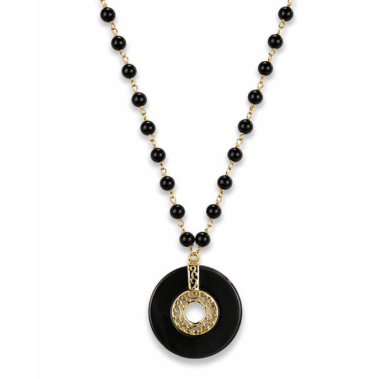 14k Black Onyx Link With Gold Openwork Round Pendant Necklace