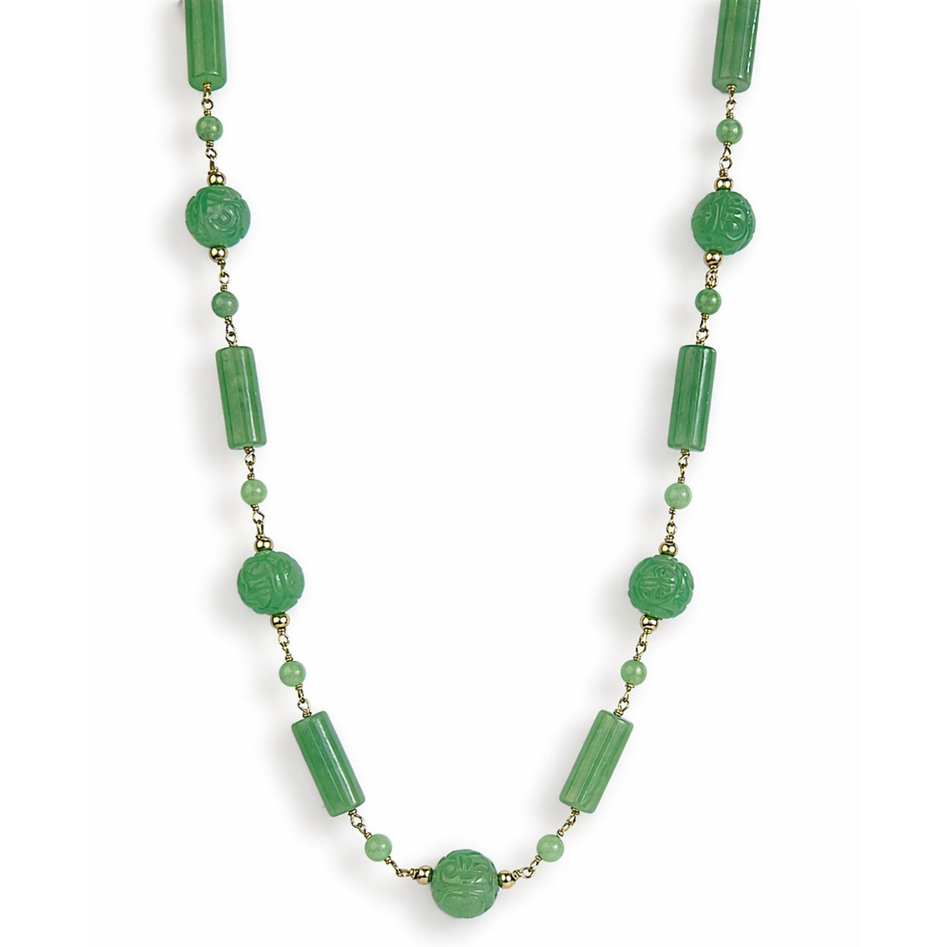 14k Green Jade Mixed Shape Gold Ball Link Necklace