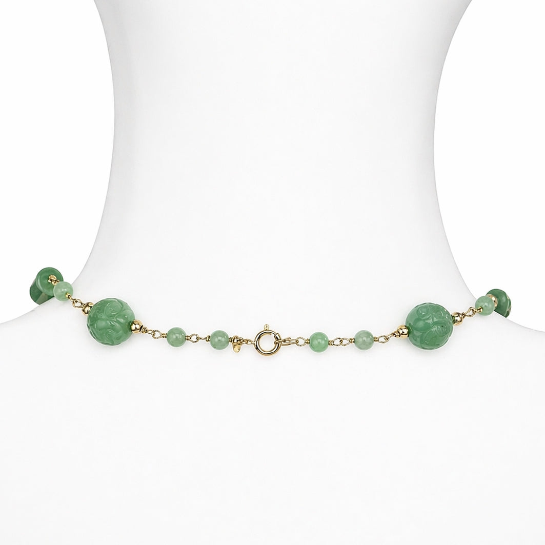 14k Green Jade Mixed Shape Gold Ball Link Necklace