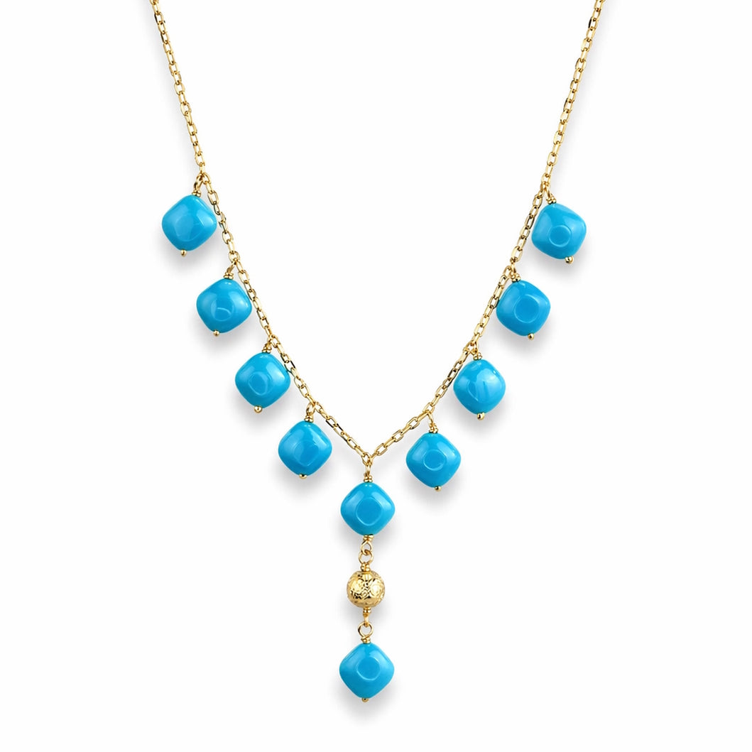 14k Turquoise Diamond Shape Gold Ball Drop Necklace