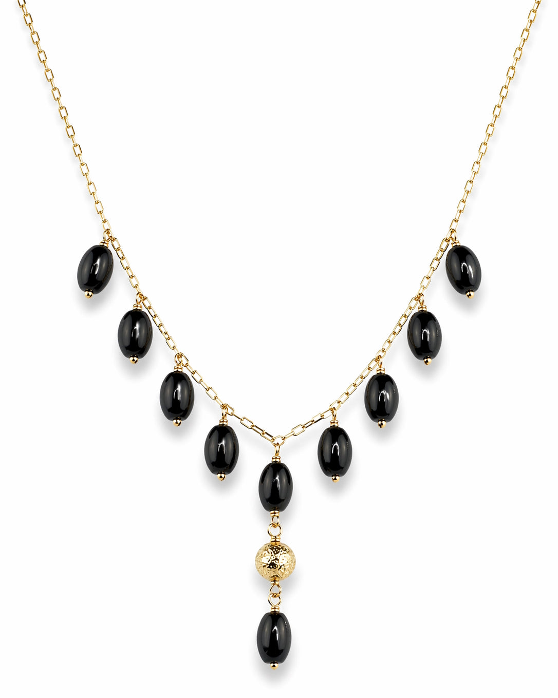 14k Red Coral, White Pearl, Garnet, Black Onyx or Malachite Gold Ball Drop Necklace