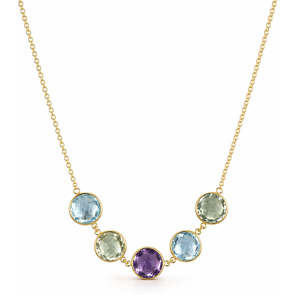 14k Multi Gemstone 5 Round Bezel Center Necklace