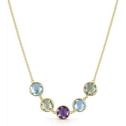 14k Multi Gemstone 5 Round Bezel Center Necklace