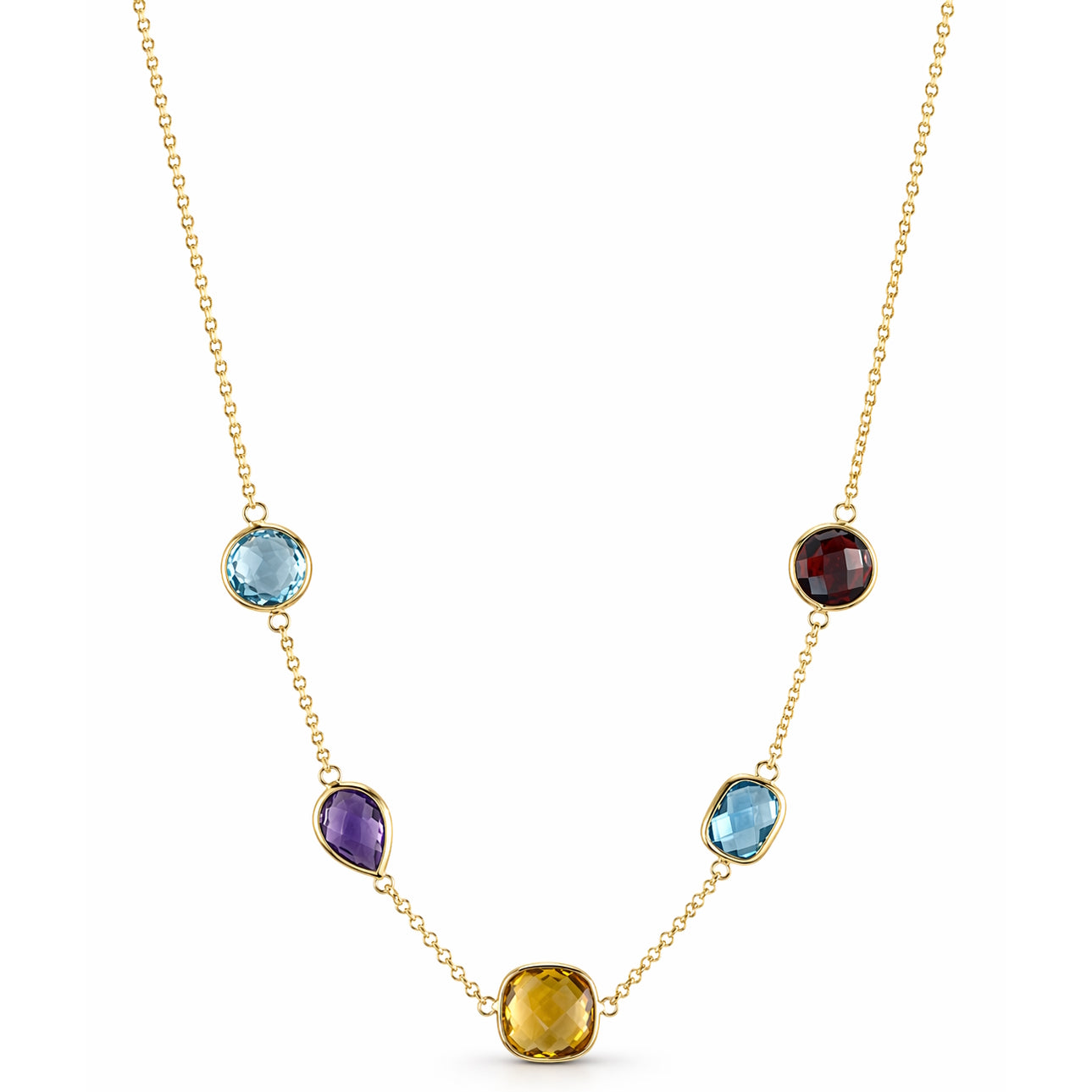 14k Multi Gemstone 5 Bezel Link Necklace