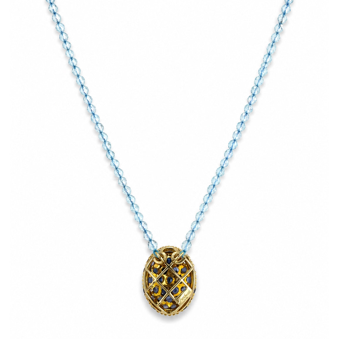 14k Blue Topaz with Iolite Pave Oval Pendant Necklace