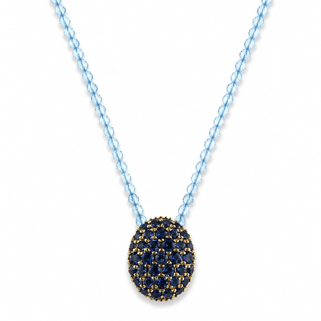 14k Blue Topaz with Iolite Pave Oval Pendant Necklace
