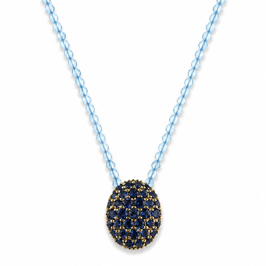 14k Blue Topaz with Iolite Pave Oval Pendant Necklace