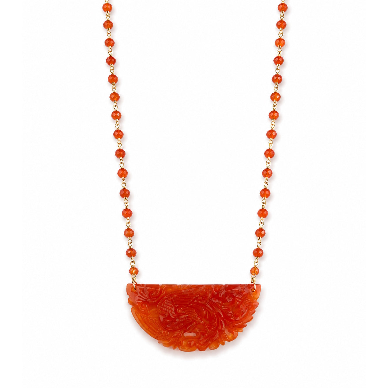 14k Carnelian Link with Phoenix Half Moon Pendant Necklace