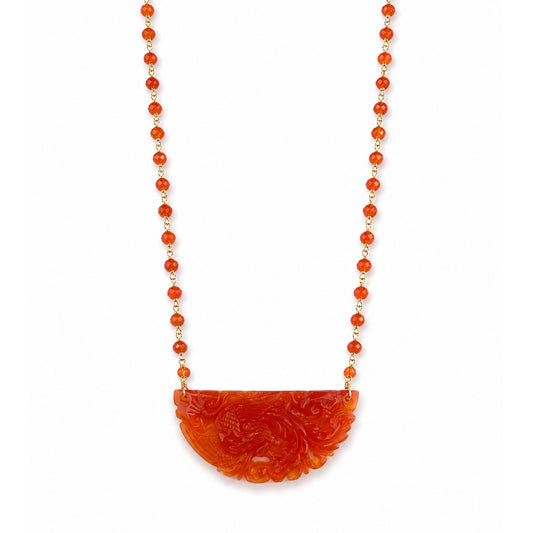 14k Carnelian Link with Phoenix Half Moon Pendant Necklace