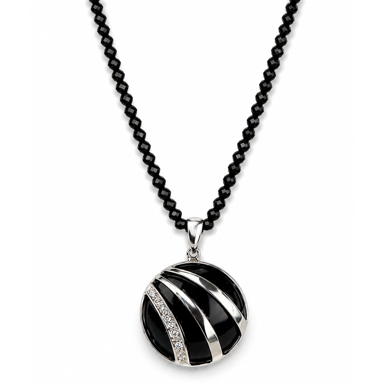 14k White Gold Black Spinel with BO Diamonds Round Pendant Necklace