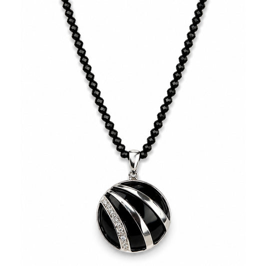14k White Gold Black Spinel with BO Diamonds Round Pendant Necklace