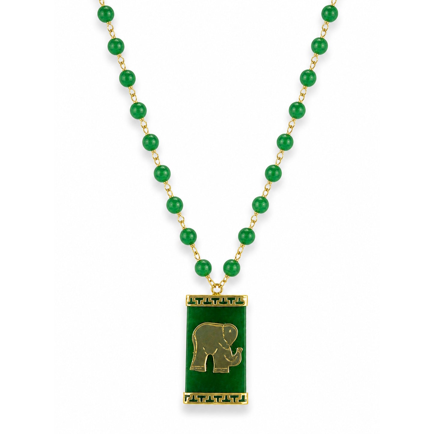 14k Green Jade with Elephant Open Circle Pendant Necklace