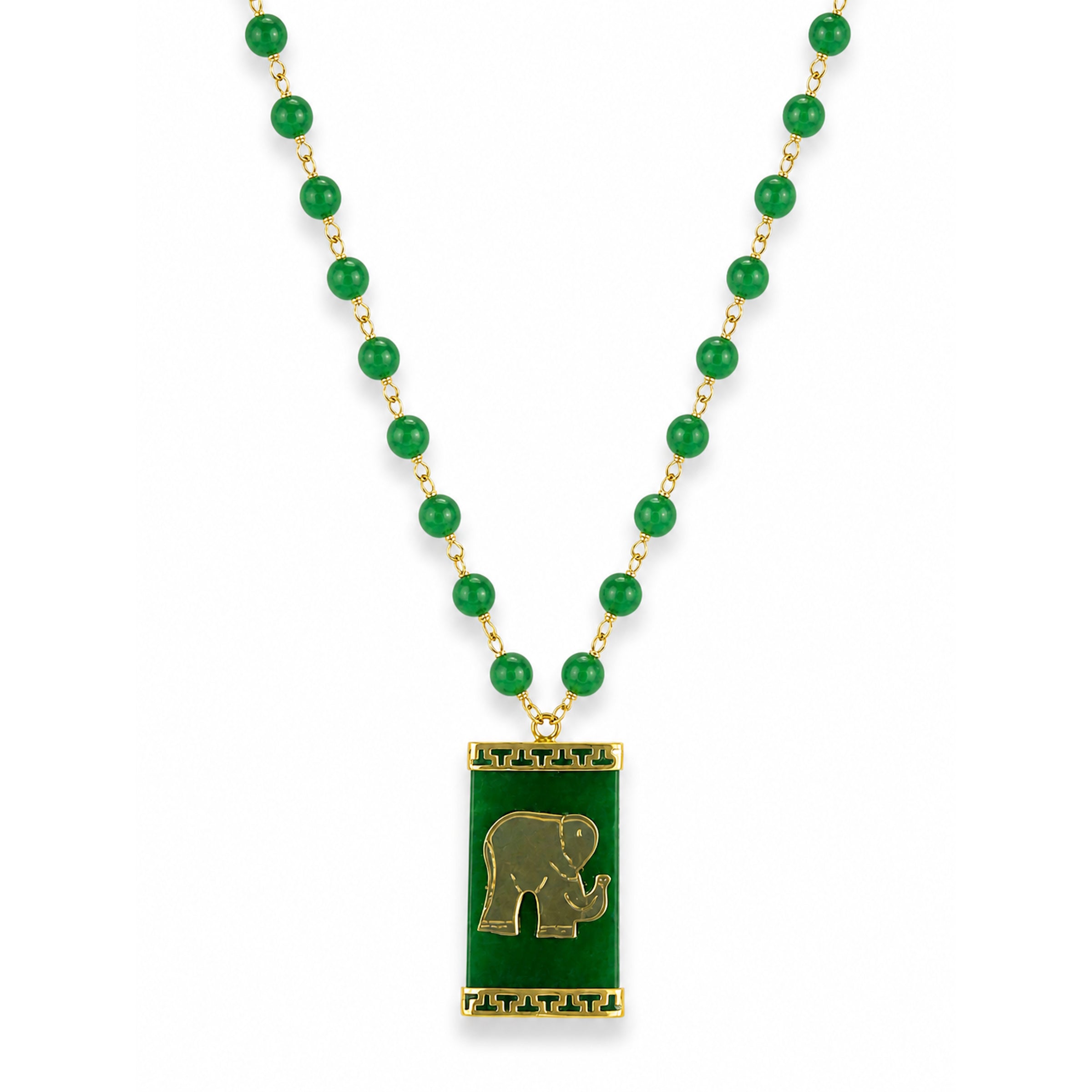 14k Green Jade with Elephant Open Circle Pendant Necklace
