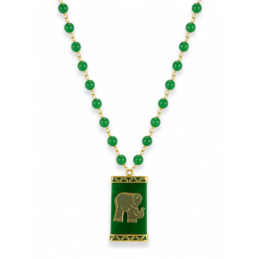 14k Green Jade with Elephant Open Circle Pendant Necklace
