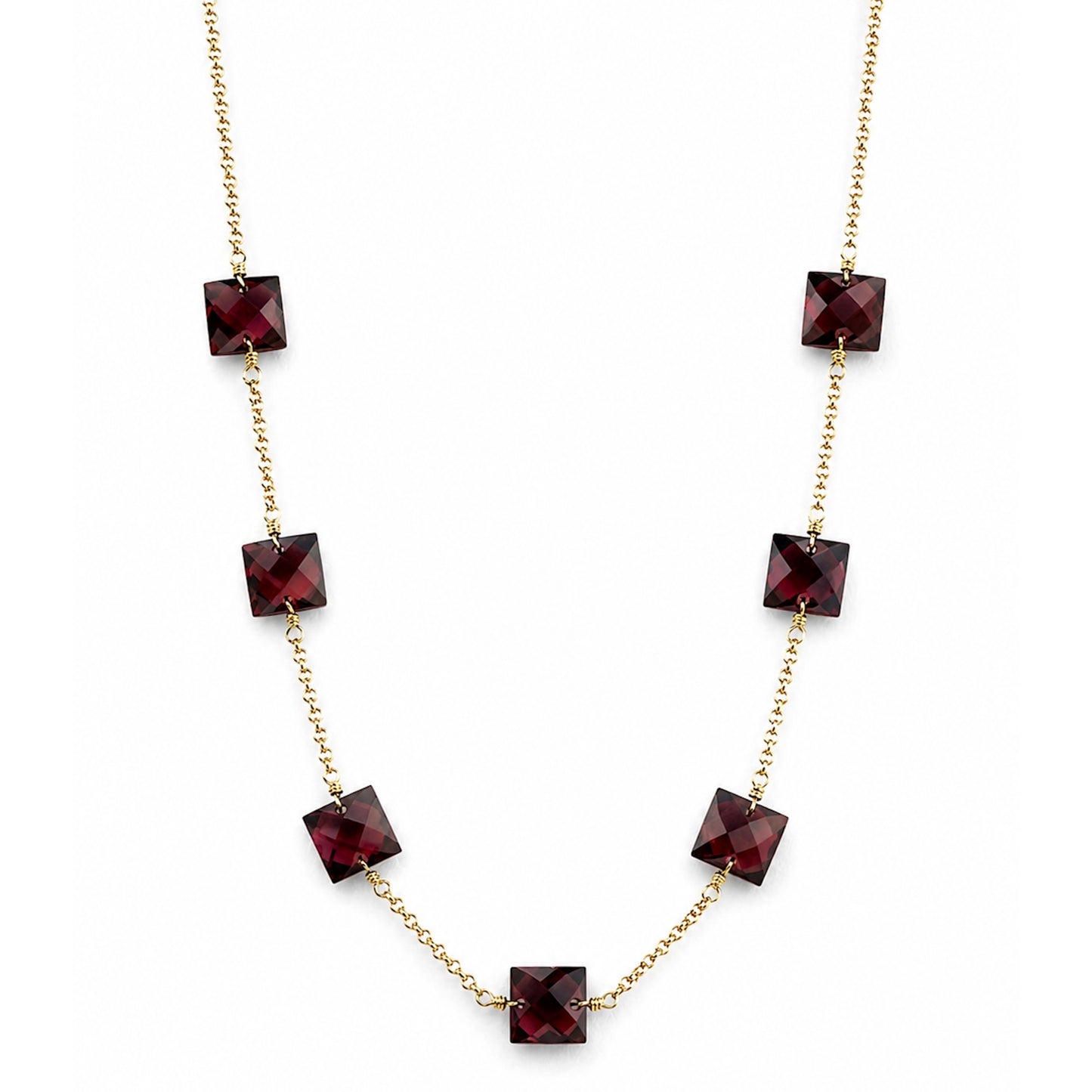 14k Garnet Square 7 Station Necklace