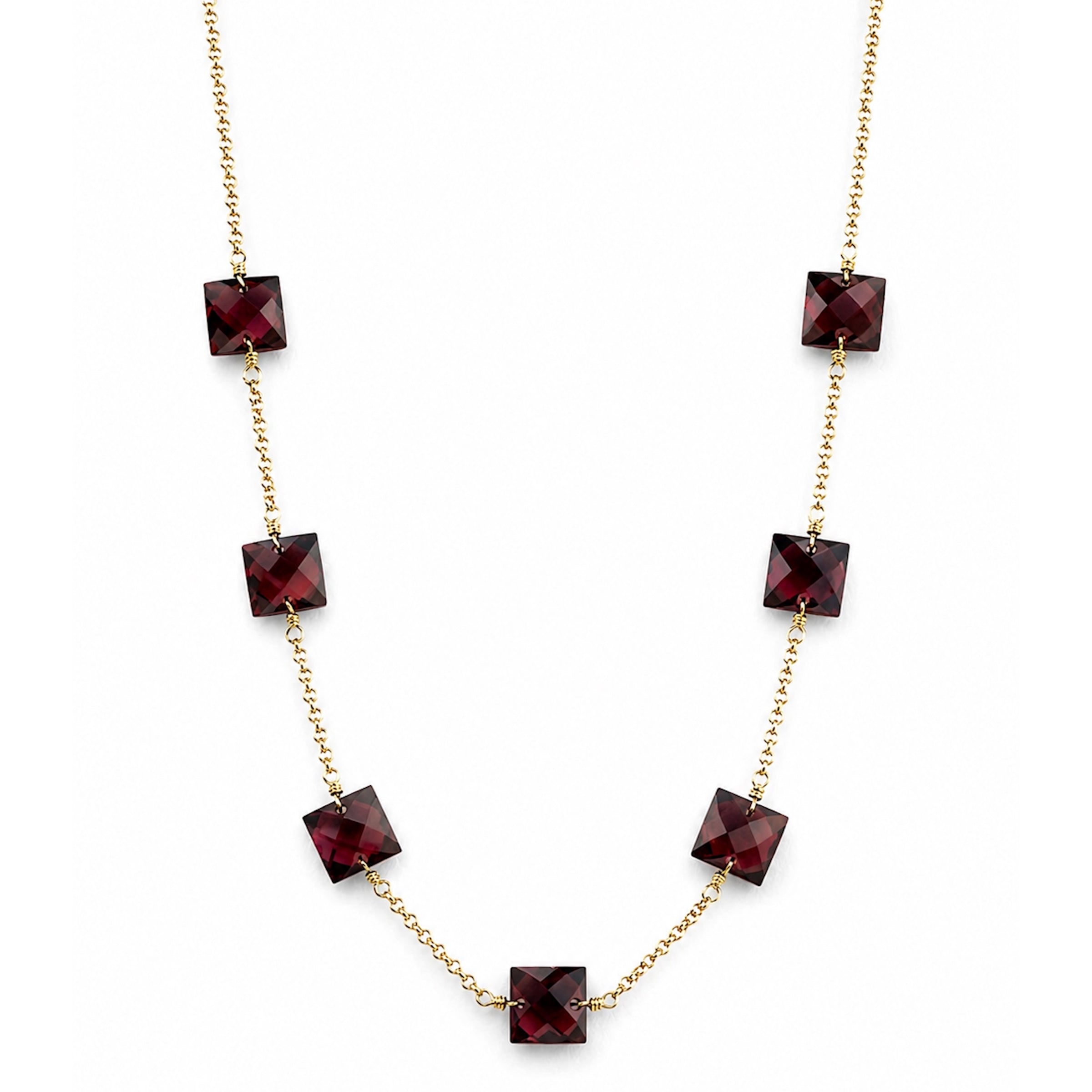 14k Garnet Square 7 Station Necklace