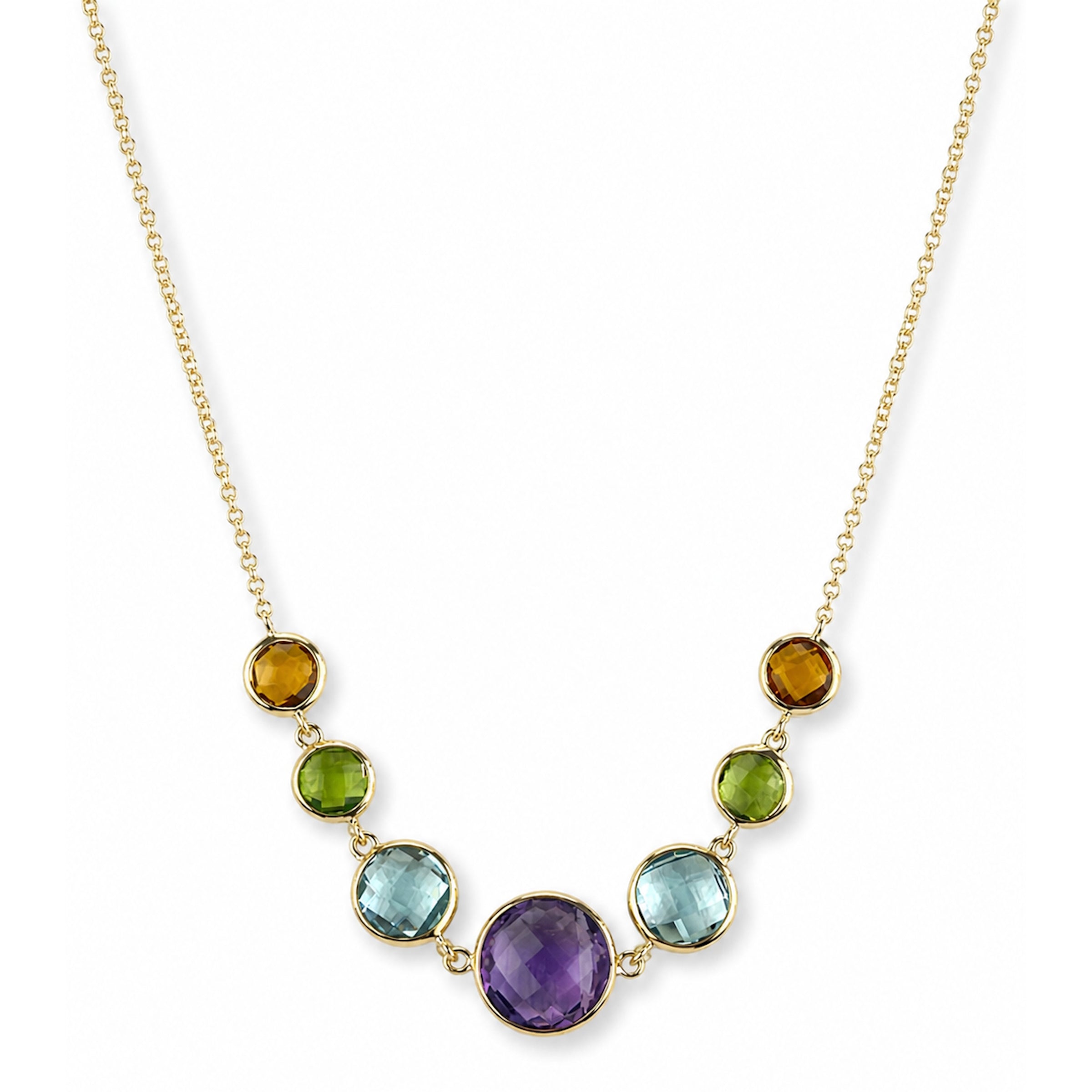 14k Multi Gemstone Graduated Round Center Necklace