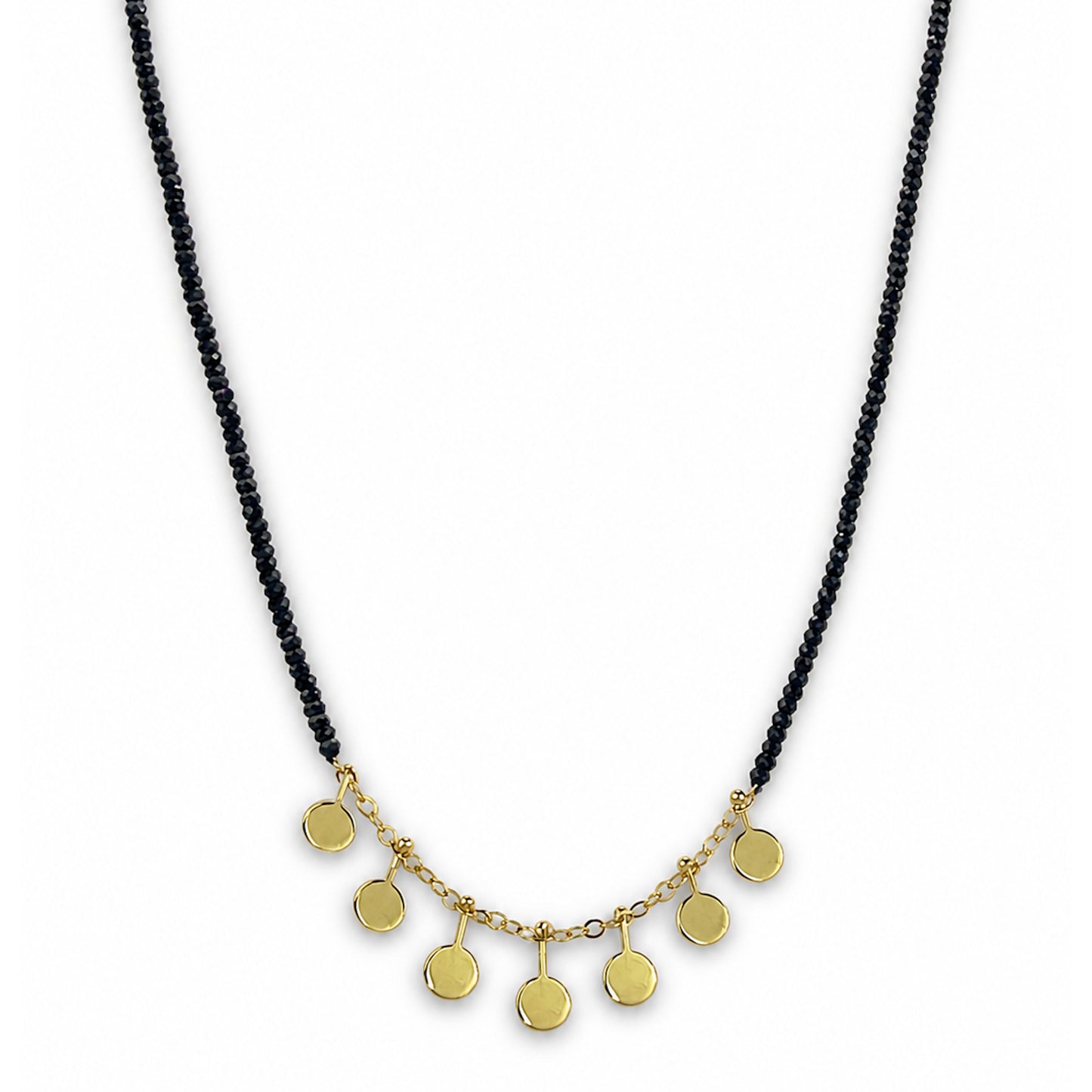 14k Black Spinel 7 Gold Coin Drop Necklace
