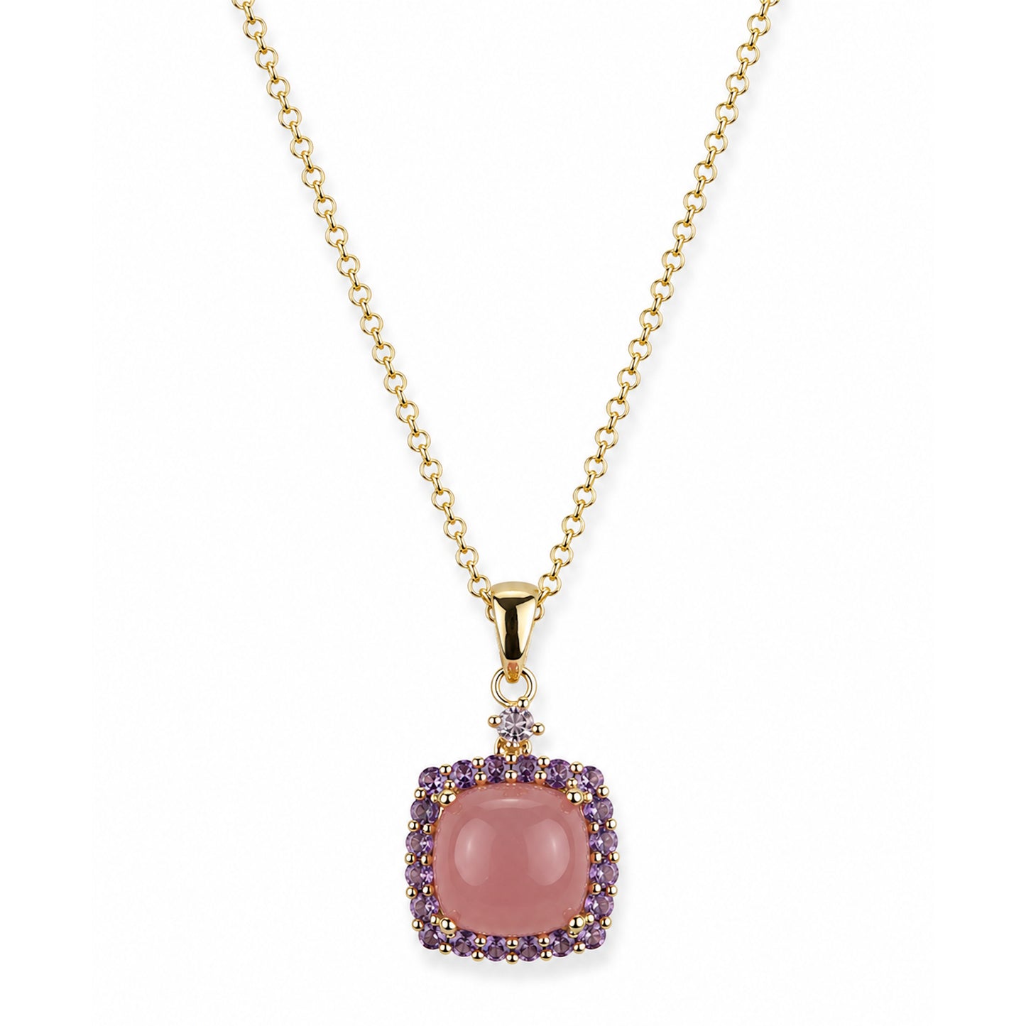 14k Guava Quartz & Amethyst Cushion Pendant Necklace