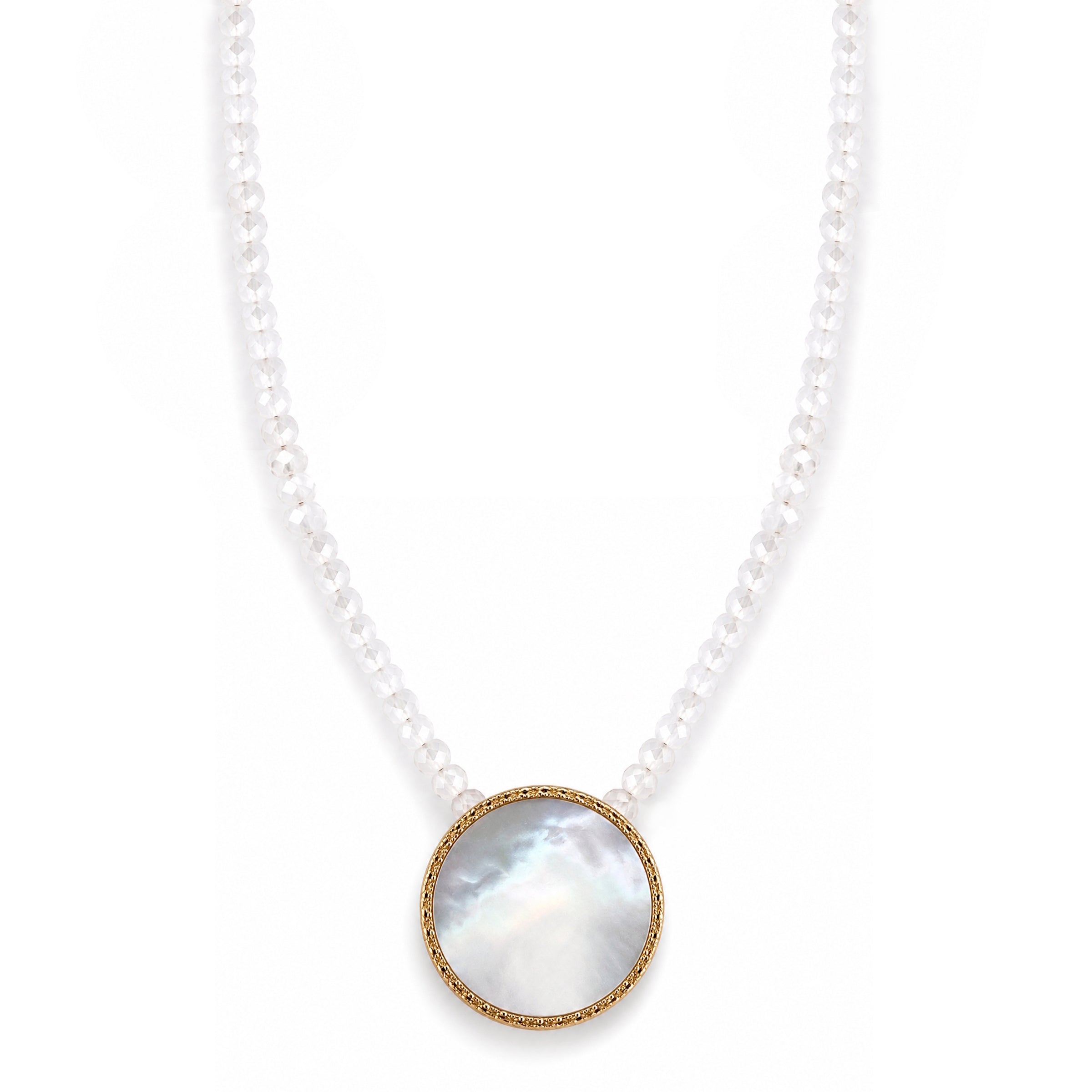 14k White Topaz with Mother of Pearl Round Pendant Necklace