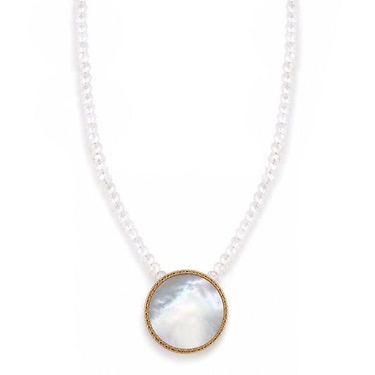 14k White Topaz with Mother of Pearl Round Pendant Necklace