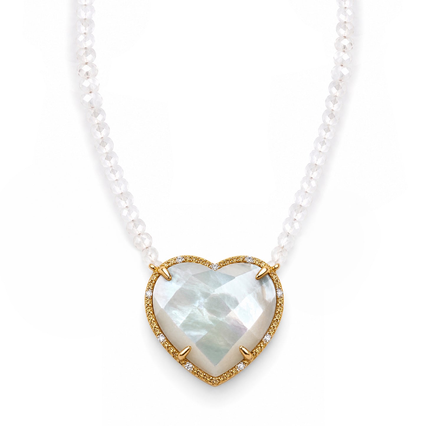 14k White Topaz with Mother of Pearl & Diamond 0.24CT Heart Pendant Necklace