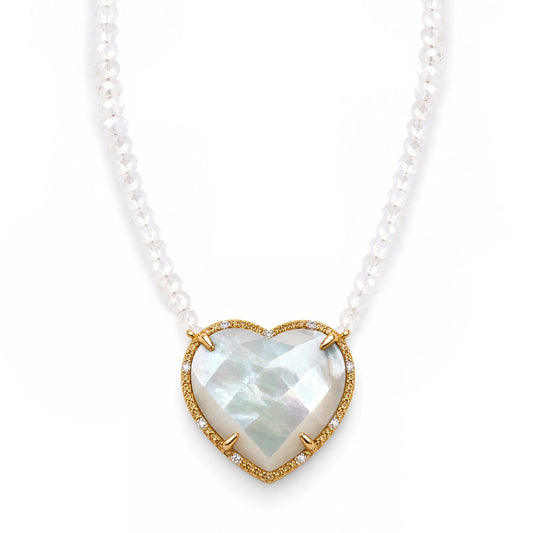 14k White Topaz Mother of Pearl Heart Diamond Necklace