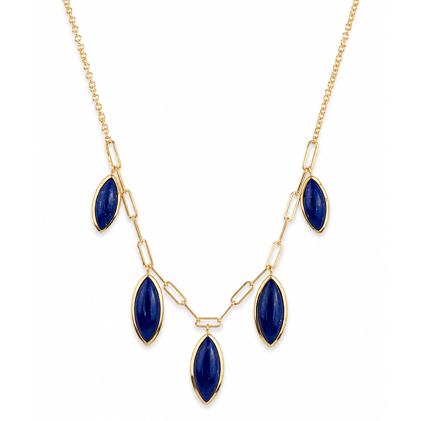 14k Lapis 5 Marquise Drop Paperclip Necklace