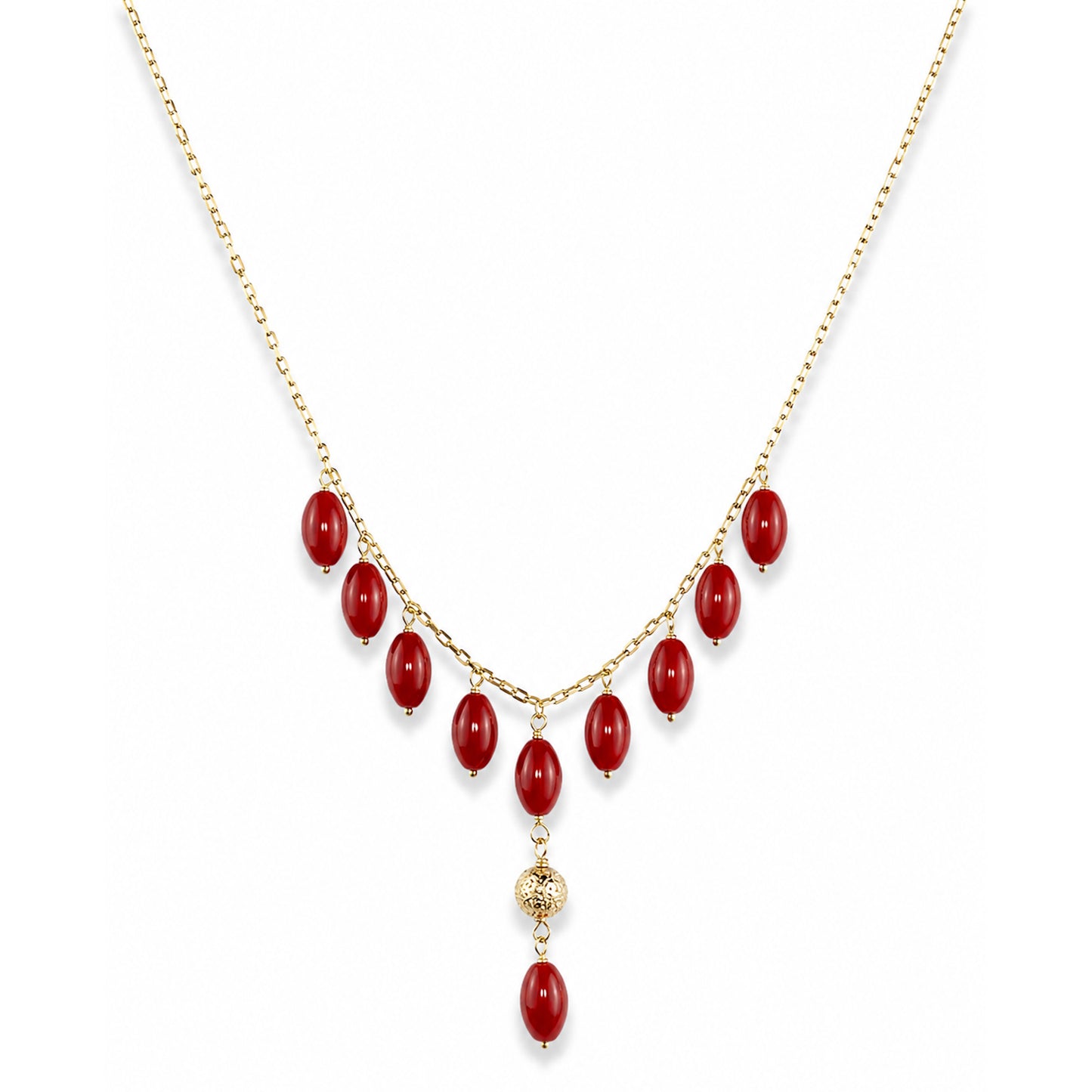 14k Red Coral, White Pearl, Garnet, Black Onyx or Malachite Gold Ball Drop Necklace